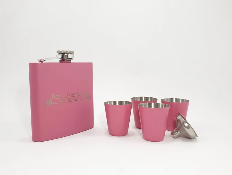 Flachmann mit Gravur in Pink, 170 ml inkl. Geschenkbox, 4 Becher und Trichter