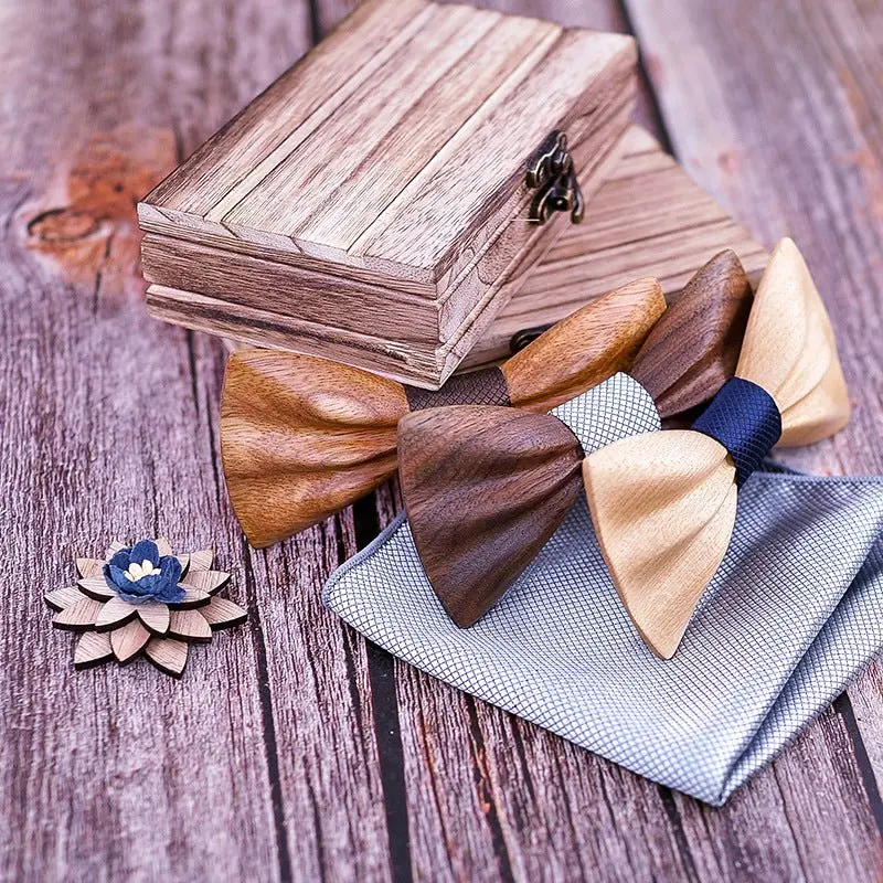 Fliege aus Holz im Set inkl. Einstecktuch in Holz-Geschenkbox
