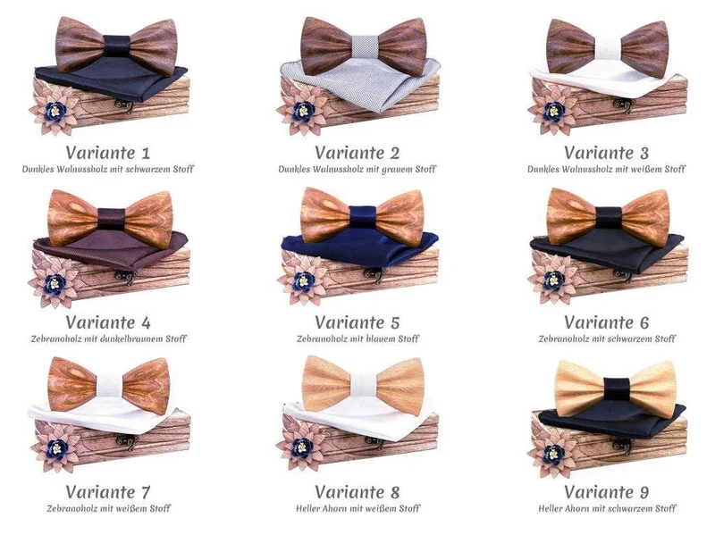 Fliege aus Holz im Set inkl. Einstecktuch in Holz-Geschenkbox