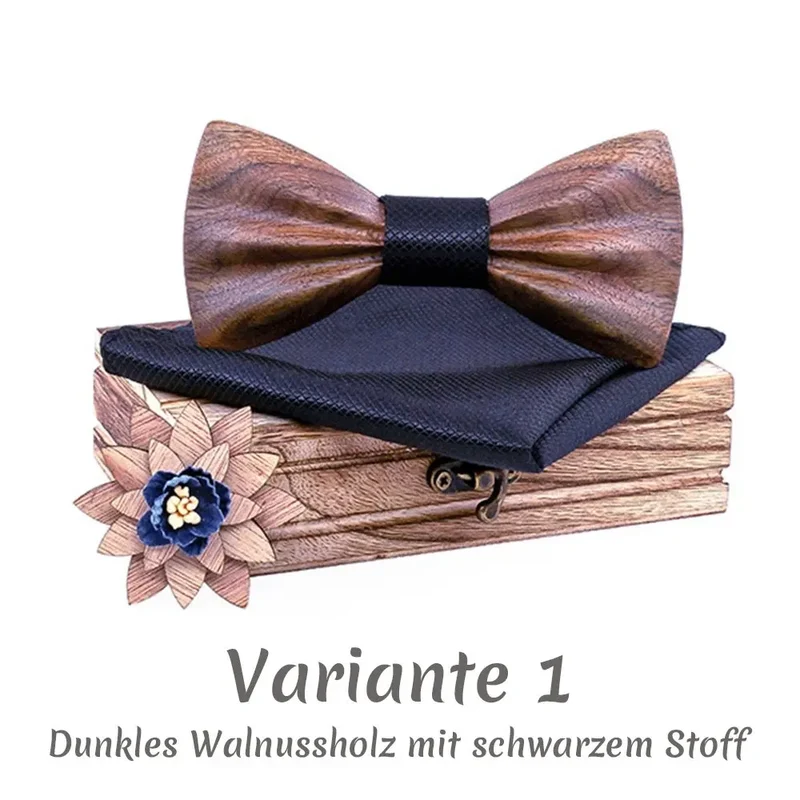 Fliege aus Holz im Set inkl. Einstecktuch in Holz-Geschenkbox