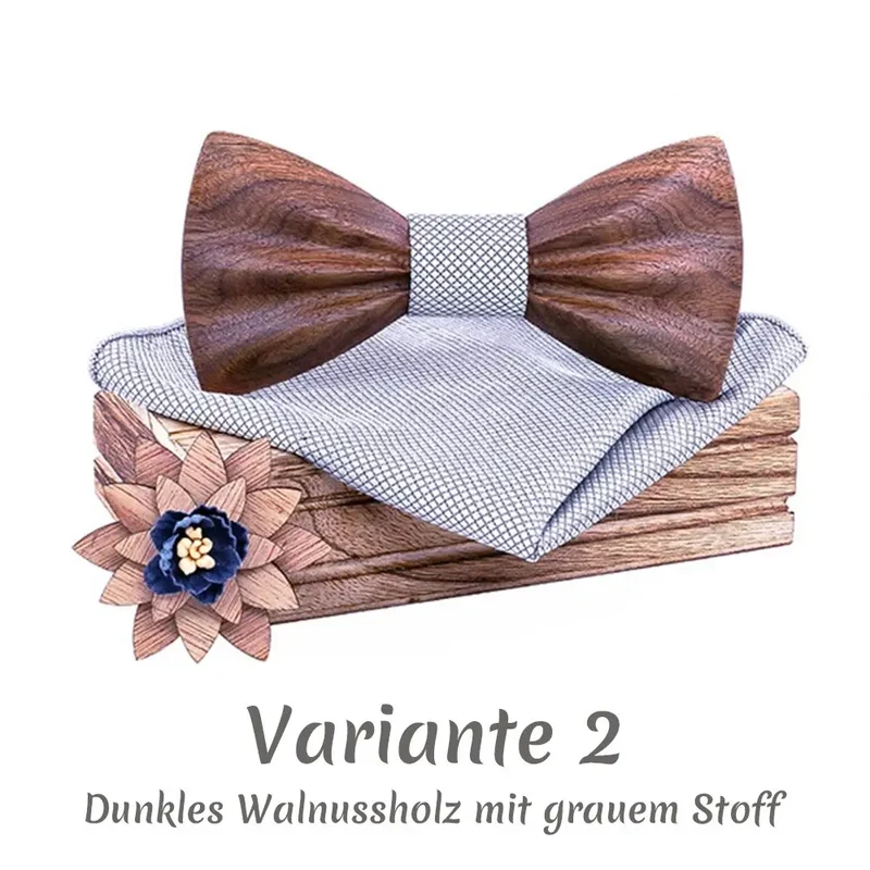 Fliege aus Holz im Set inkl. Einstecktuch in Holz-Geschenkbox