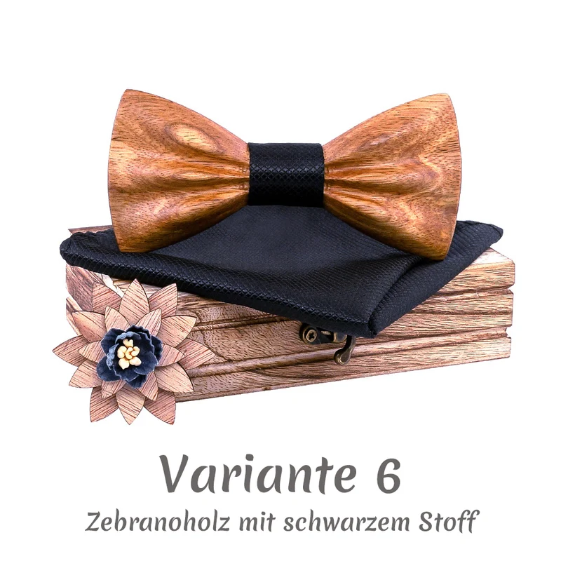 Fliege aus Holz im Set inkl. Einstecktuch in Holz-Geschenkbox