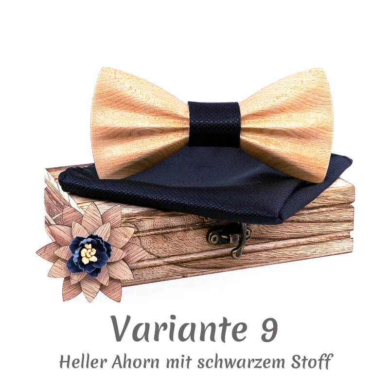 Fliege aus Holz im Set inkl. Einstecktuch in Holz-Geschenkbox