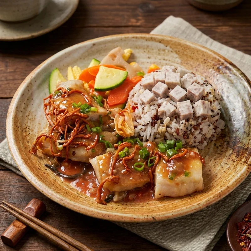 Healthy Stir-Fry Fish Fillet W/ Dried Conpoy, Cordyceps, Seasonal Vegetables And Taro Mix Grain Rice
