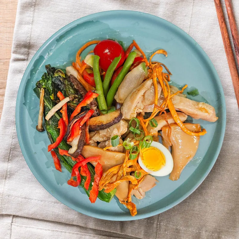 Shanghai Style Chicken W/ Cordyceps And Sea Whelk, Soy-Marinated Egg, Seasonal Vegetables