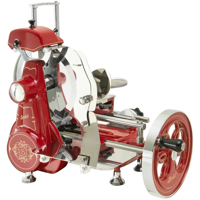Berkel Volano B2 Rot, Schwungradmaschine - Wunderschöne Aufschnittmaschine + Fassholzbrett Unikat
