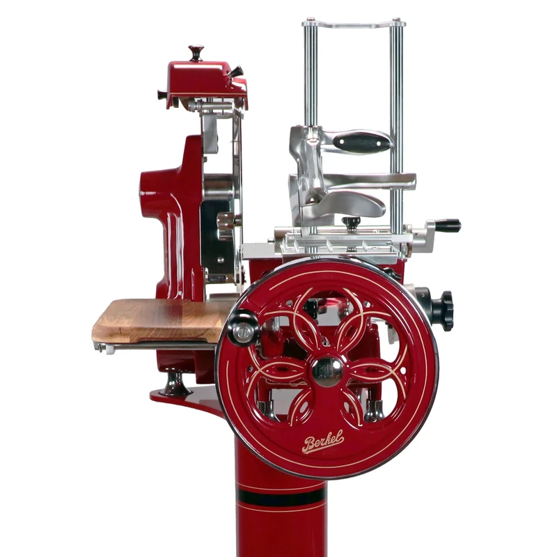 Berkel Volano B2 Rot, Schwungradmaschine - Wunderschöne Aufschnittmaschine + Fassholzbrett Unikat