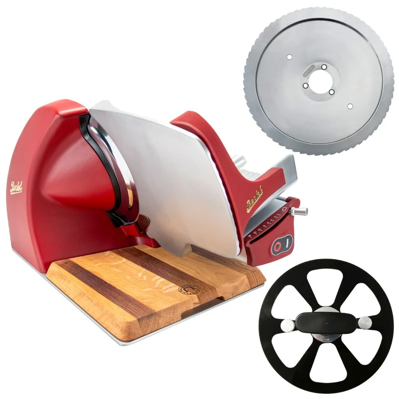 Berkel Home Line 200 Plus rot Matt – Aufschnittmaschine + Schneidebrett + Wellenschliff-Bausatz für Brot