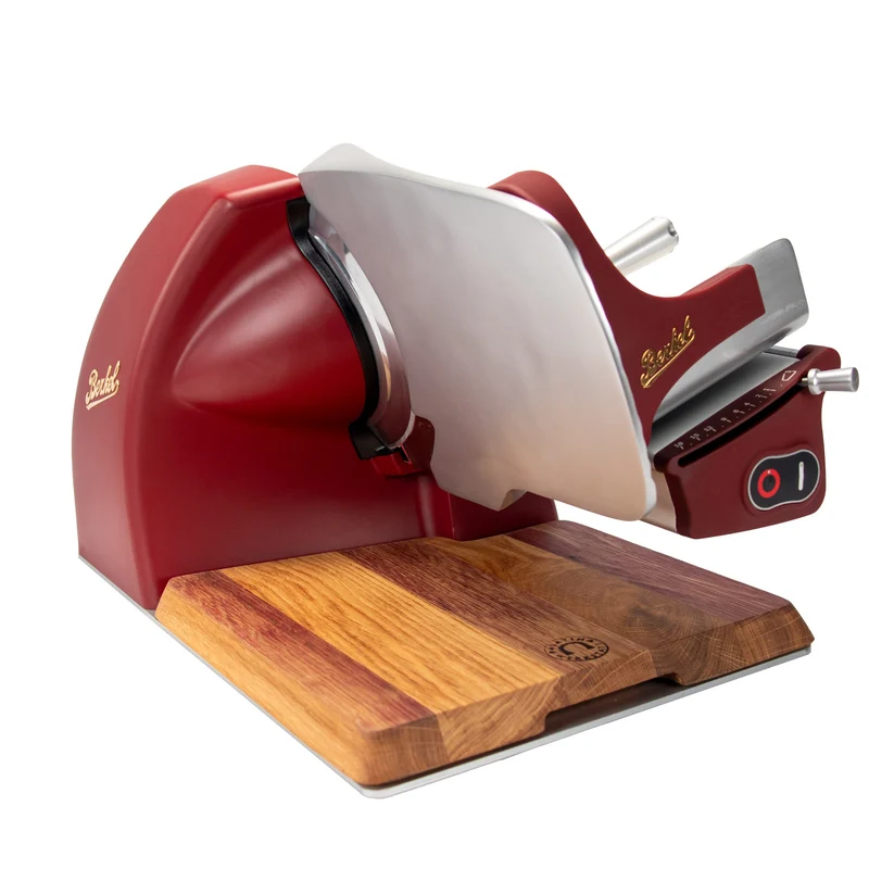 Berkel Home Line 200 Plus rot Matt – Aufschnittmaschine + Schneidebrett + Wellenschliff-Bausatz für Brot