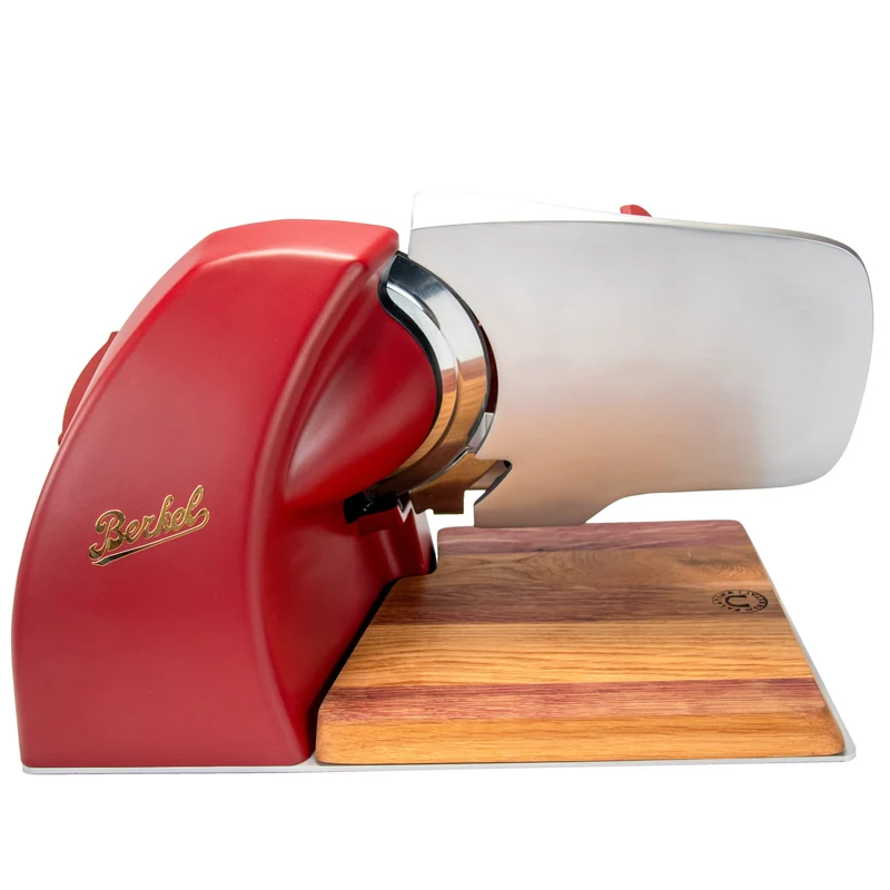 Berkel Home Line 200 Plus rot Matt – Aufschnittmaschine + Schneidebrett + Wellenschliff-Bausatz für Brot