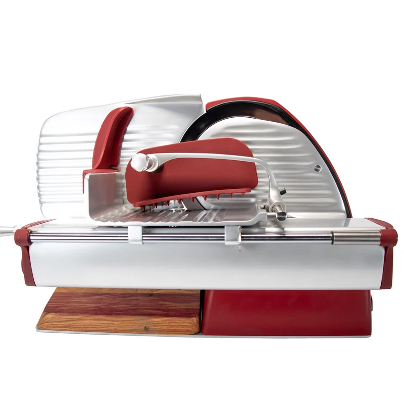 Berkel Home Line 250 Plus Rot Matt – Aufschnittmaschine mit handgefertigtem Unikat-Schneidebrett & Wellenschliff-Bausatz für Brot