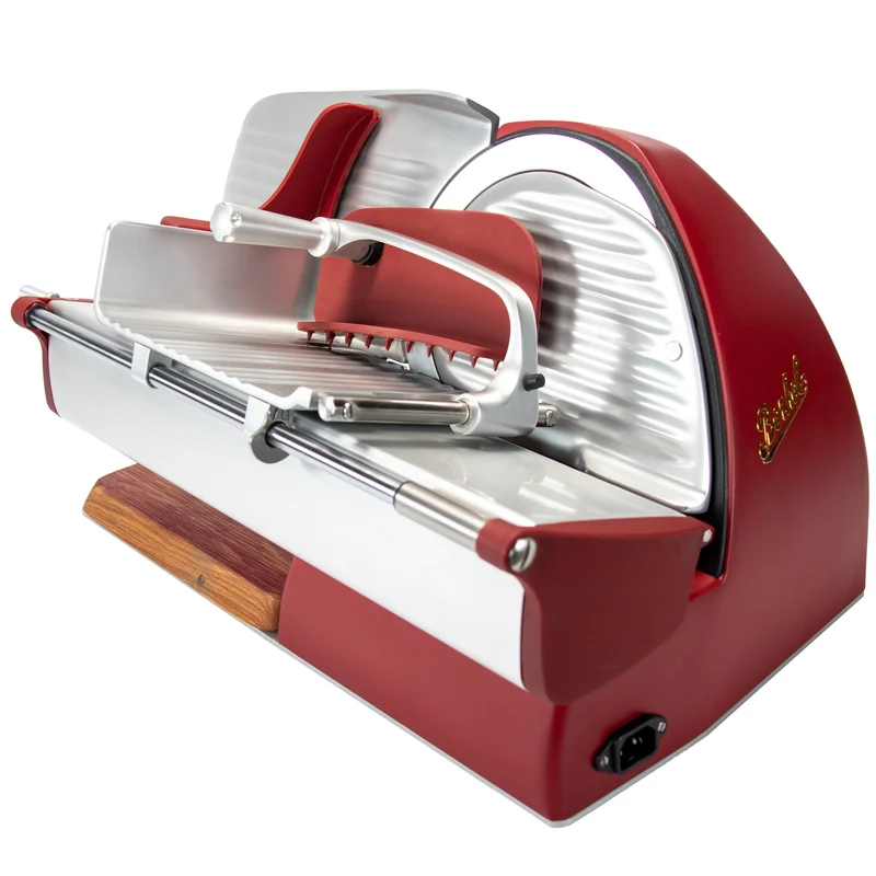 Berkel Home Line 250 Plus Rot Matt – Aufschnittmaschine mit handgefertigtem Unikat-Schneidebrett & Wellenschliff-Bausatz für Brot