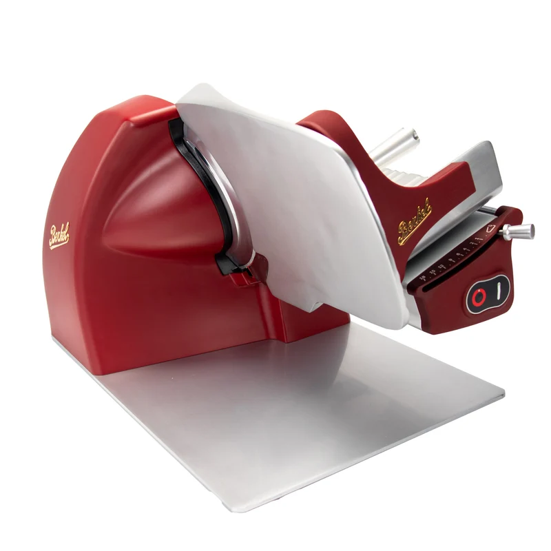 Berkel Home Line 250 Plus Rot Matt – Aufschnittmaschine mit handgefertigtem Unikat-Schneidebrett & Wellenschliff-Bausatz für Brot