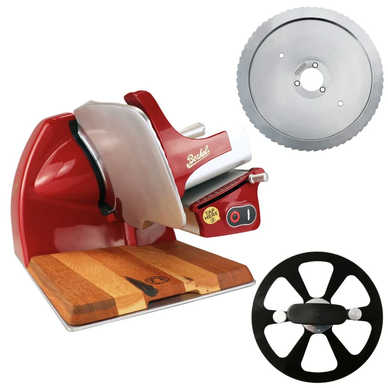 Berkel Home Line 200 Plus Rot – Aufschnittmaschine mit handgefertigtem Schneidebrett & Wellenschliff-Bausatz für Brot