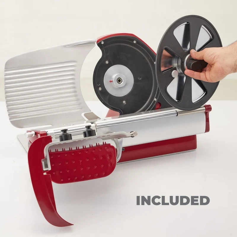 Berkel Home Line 200 Plus Rot – Aufschnittmaschine mit handgefertigtem Schneidebrett & Wellenschliff-Bausatz für Brot
