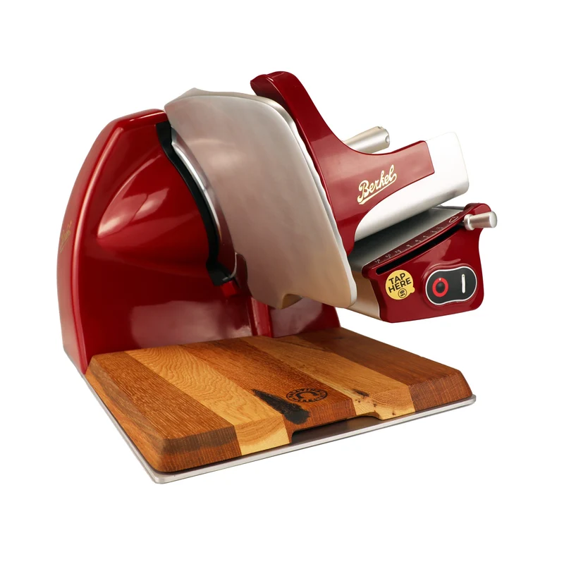Berkel Home Line 200 Plus Rot – Aufschnittmaschine mit handgefertigtem Schneidebrett & Wellenschliff-Bausatz für Brot