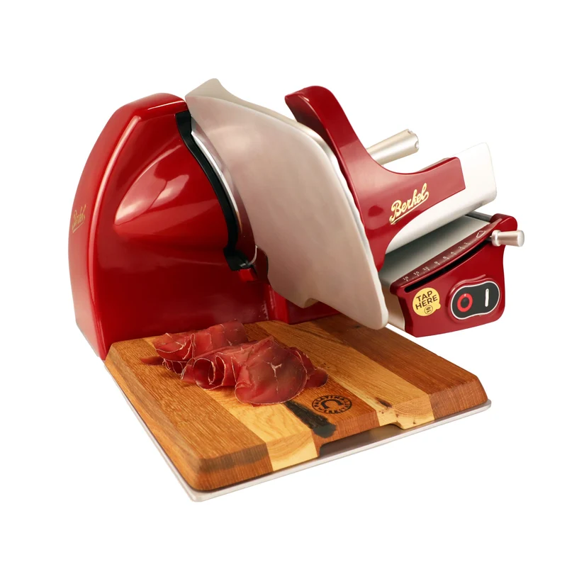 Berkel Home Line 200 Plus Rot – Aufschnittmaschine mit handgefertigtem Schneidebrett & Wellenschliff-Bausatz für Brot