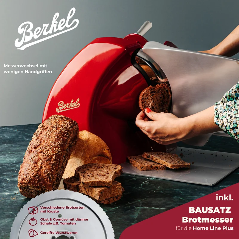 Berkel Home Line 250 Plus schwarz– Aufschnittmaschine mit handgefertigtem Unikat-Schneidebrett & Wellenschliff-Bausatz für Brot