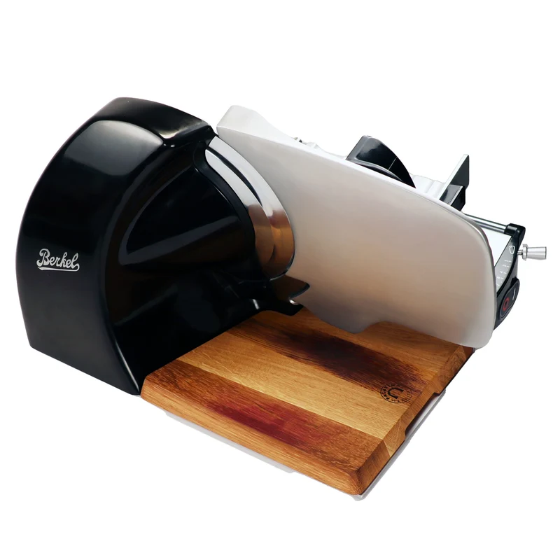 Berkel Home Line 250 Plus schwarz– Aufschnittmaschine mit handgefertigtem Unikat-Schneidebrett & Wellenschliff-Bausatz für Brot