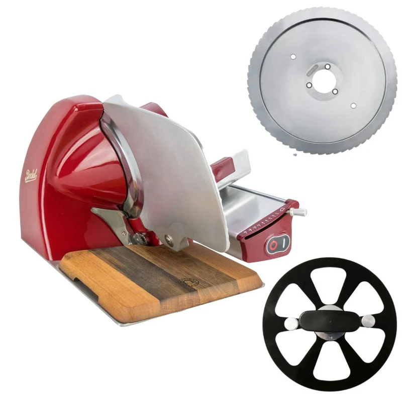 Berkel Home Line 250 Plus Rot – Aufschnittmaschine mit handgefertigtem Schneidebrett & Wellenschliff-Bausatz für Brot