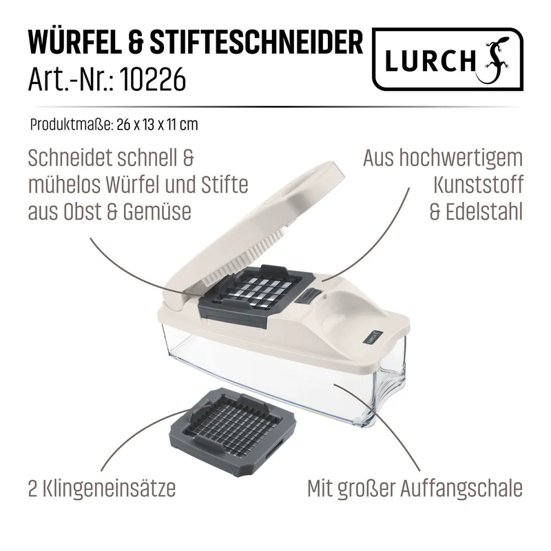 Würfel- und Stifteschneider für Obst- und Gemüse mit 2 scharfen Messereinsätzen