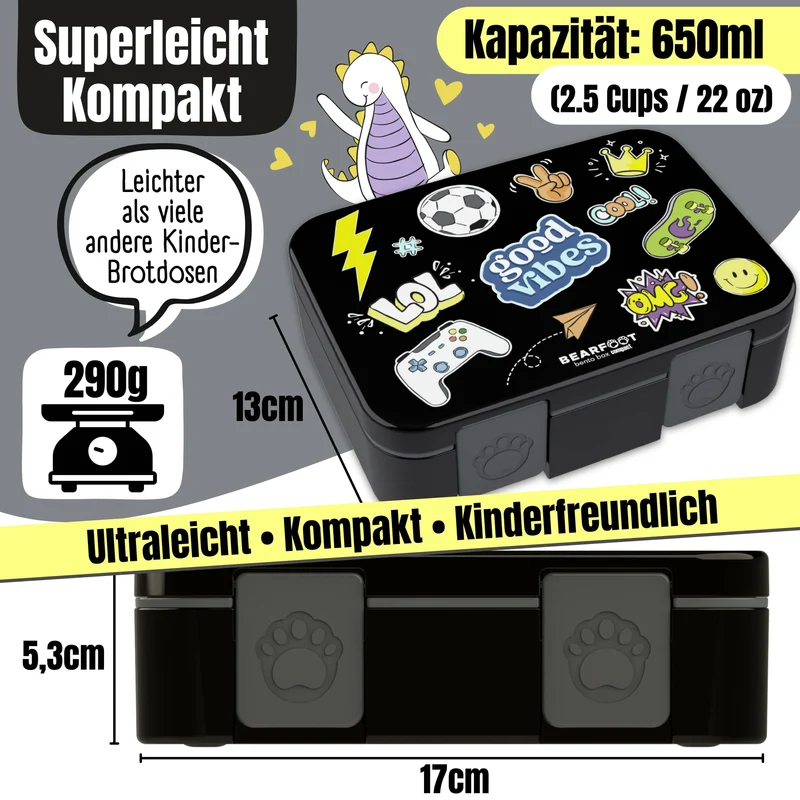 Brotdose mit Fächern, leicht & auslaufsicher - Sticker schwarz