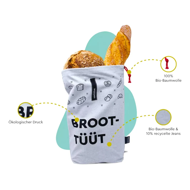 Handgenähter Brotbeutel aus Baumwolle und Recycling-Jeans